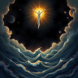 An imaginative illustration depicting the biblical scene of creation, focusing on the moment described in Genesis: 'In the beginning, God created the heavens and the earth