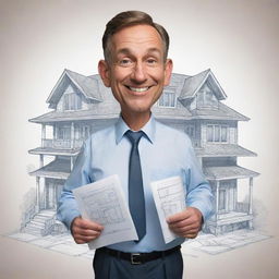 Create a caricature of an interior architect. The character should be holding house blueprints with humorous exaggerated features, dressing in professional attire.