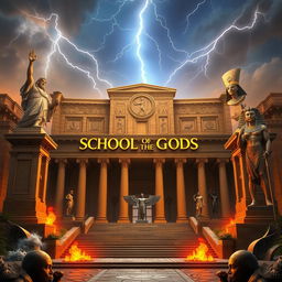 A monumental and ancient institution named the School of the Gods, featuring an awe-inspiring design that merges Greek and Pharaonic architectural styles, richly decorated with intricate symbols from both cultures