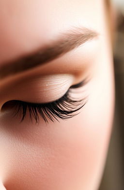 An elegant and classy close-up of luxurious eyelashes adorned with a subtle shimmer