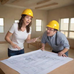 Create a humorous caricature of a female interior architect discussing floor designs with a construction worker. She should have exaggerated features, holding a floor plan, and pointing out details to a comically over-confused worker.