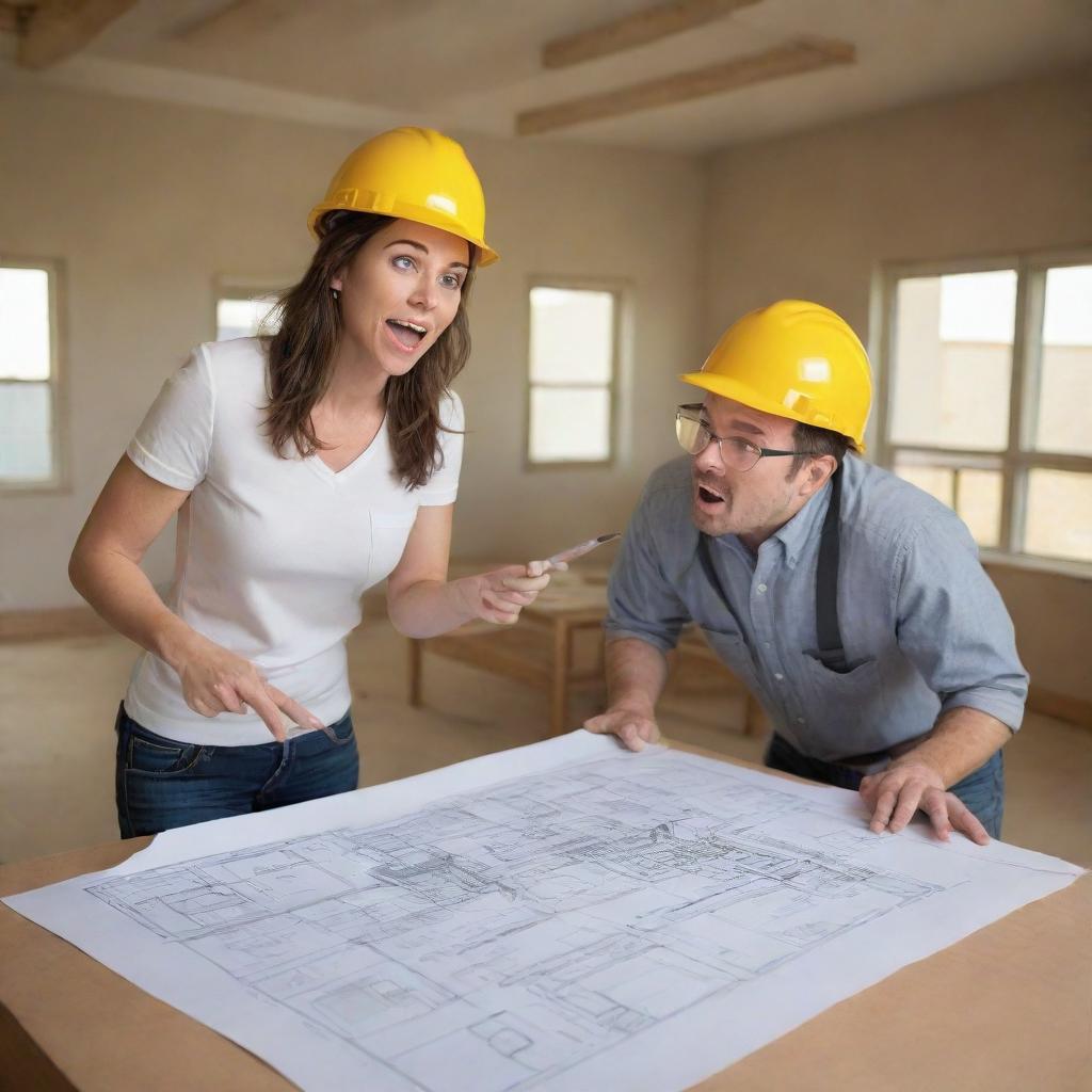 Create a humorous caricature of a female interior architect discussing floor designs with a construction worker. She should have exaggerated features, holding a floor plan, and pointing out details to a comically over-confused worker.