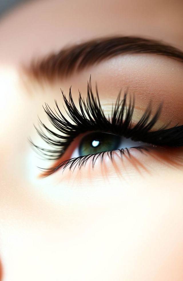 An elegant and classy close-up of luxurious eyelashes adorned with a subtle shimmer