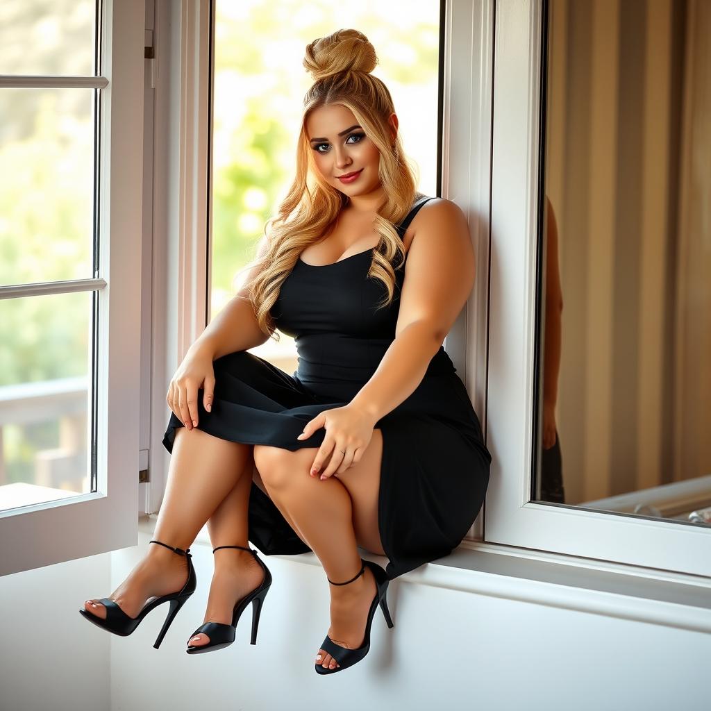 A curvy and chubby white woman with long blonde hair elegantly tied up in a bun, showcasing her confident and alluring presence