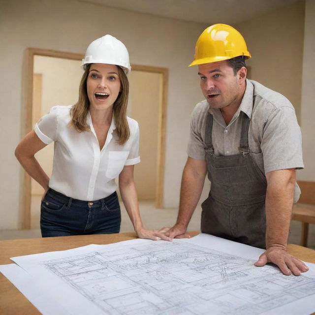 Create a humorous caricature of a female interior architect discussing floor designs with a construction worker. She should have exaggerated features, holding a floor plan, and pointing out details to a comically over-confused worker.