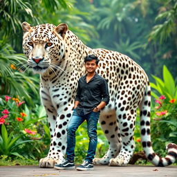 A giant white leopard standing majestically next to a handsome Asian man