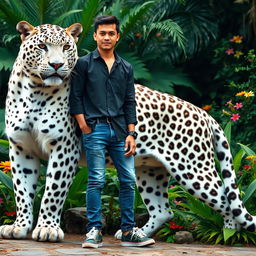 A giant white leopard standing majestically next to a handsome Asian man