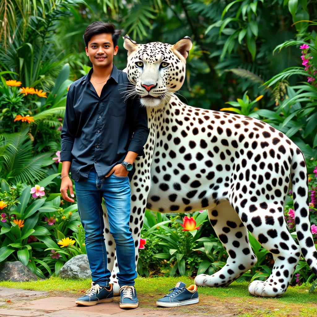 A giant white leopard standing majestically next to a handsome Asian man