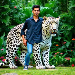 A giant white leopard standing majestically next to a handsome Asian man