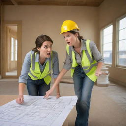 Create a humorous caricature of a female interior architect discussing floor designs with a construction worker. She should have exaggerated features, holding a floor plan, and pointing out details to a comically over-confused worker.