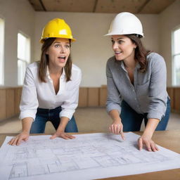 Create a humorous caricature of a female interior architect discussing floor designs with a construction worker. She should have exaggerated features, holding a floor plan, and pointing out details to a comically over-confused worker.