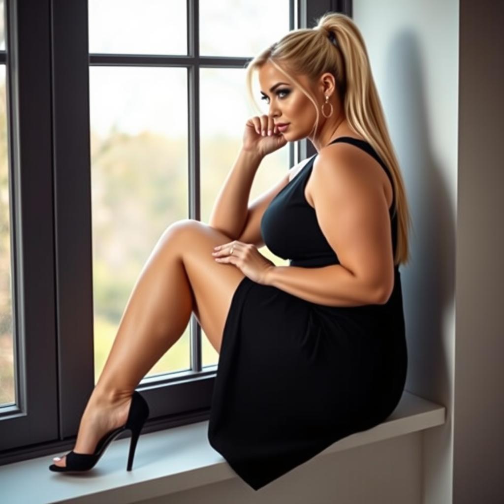 A curvy and chubby white woman with long blonde hair styled in a sleek ponytail, dressed in a chic black sleeveless dress that enhances her figure, and stylish high heels