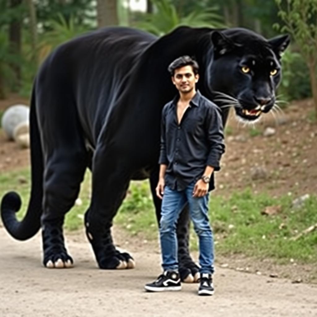 A giant black panther with white accents standing majestically next to a handsome Asian man