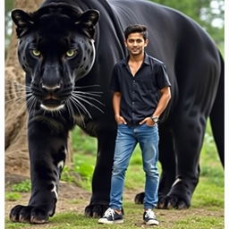 A giant black panther with white accents standing majestically next to a handsome Asian man