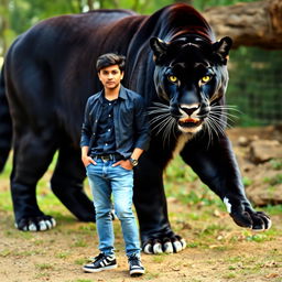 A giant black panther with white accents standing majestically next to a handsome Asian man