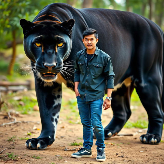 A giant black panther with white accents standing majestically next to a handsome Asian man