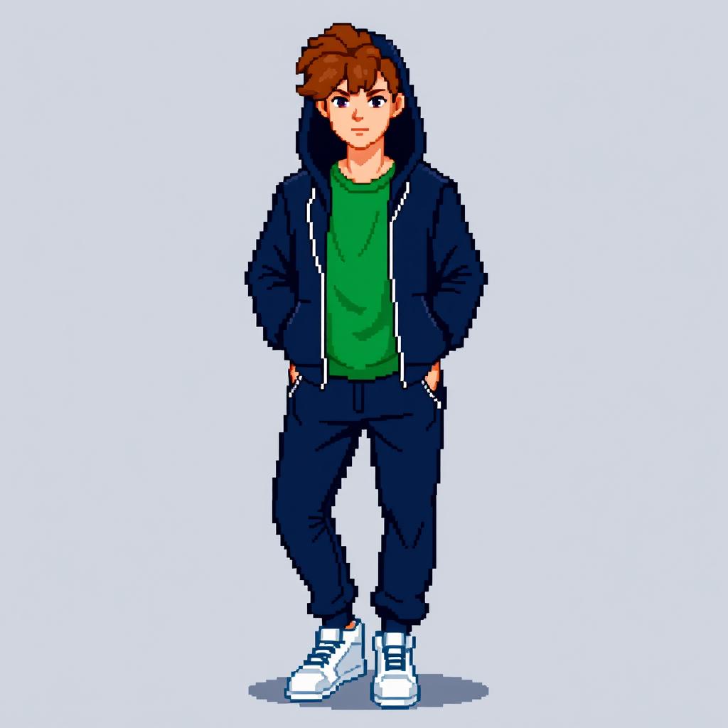 A pixel art character designed in a 24x24 pixel format, depicted as a person wearing a dark blue sports suit with a green t-shirt underneath