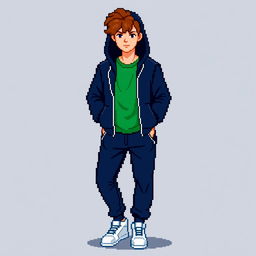 A pixel art character designed in a 24x24 pixel format, depicted as a person wearing a dark blue sports suit with a green t-shirt underneath