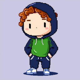 A pixel art character designed in a 24x24 pixel format, depicted as a person wearing a dark blue sports suit with a green t-shirt underneath