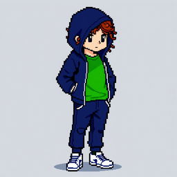 A pixel art character designed in a 24x24 pixel format, depicted as a person wearing a dark blue sports suit with a green t-shirt underneath