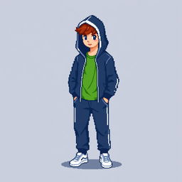 A pixel art character designed in a 24x24 pixel format, depicted as a person wearing a dark blue sports suit with a green t-shirt underneath