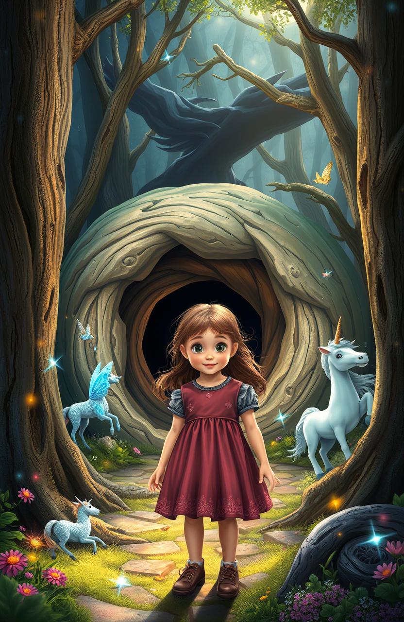 A curious and courageous young girl from London, with bright eyes and adventurous spirit, stands before a swirling, hidden portal nestled among ancient trees in an enchanting forest