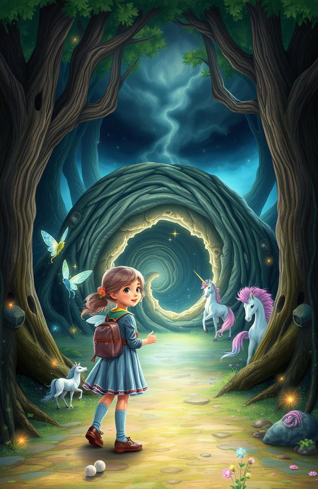 A curious and courageous young girl from London, with bright eyes and adventurous spirit, stands before a swirling, hidden portal nestled among ancient trees in an enchanting forest