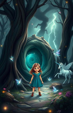 A curious and courageous young girl from London, with bright eyes and adventurous spirit, stands before a swirling, hidden portal nestled among ancient trees in an enchanting forest