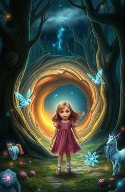 A curious and courageous young girl from London, with bright eyes and adventurous spirit, stands before a swirling, hidden portal nestled among ancient trees in an enchanting forest