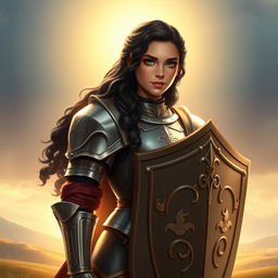 A young woman cleric of Lathander, depicted in full plate armor, standing proudly with a shield