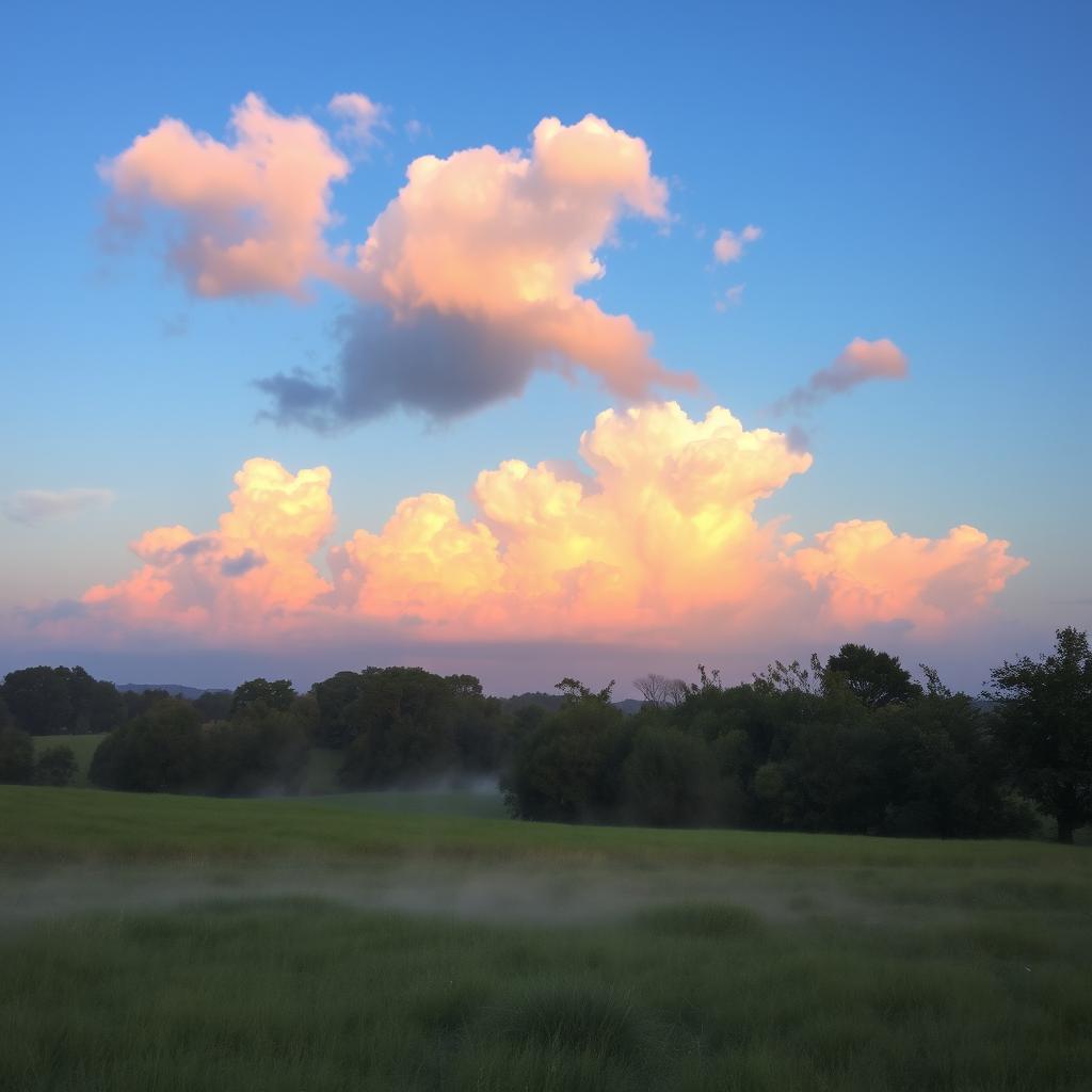 A serene and beautiful dusky morning scene featuring soft dusty hues of orange, pink, and lavender in the sky