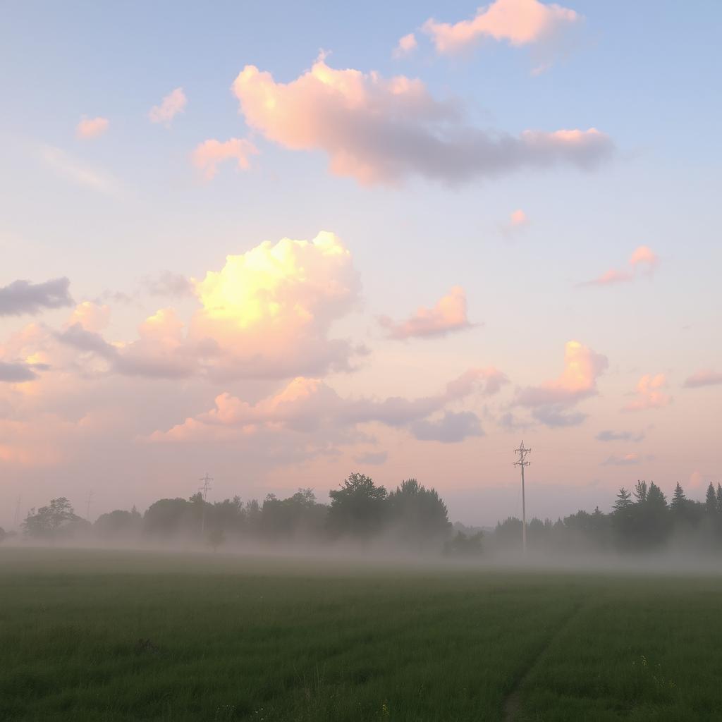 A serene and beautiful dusky morning scene featuring soft dusty hues of orange, pink, and lavender in the sky