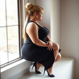 A curvy and chubby white woman with long blonde hair elegantly tied up in a bun, dressed in a stylish black sleeveless dress that enhances her figure, paired with chic high heels