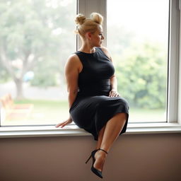 A curvy and chubby white woman with long blonde hair elegantly tied up in a bun, dressed in a stylish black sleeveless dress that enhances her figure, paired with chic high heels