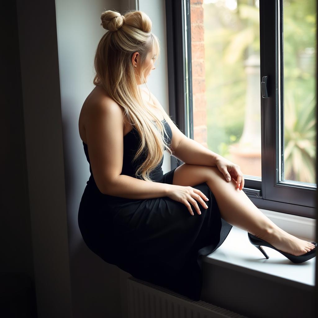 A curvy and chubby white woman with long blonde hair elegantly tied up in a bun, dressed in a stylish black sleeveless dress that enhances her figure, paired with chic high heels