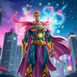 A magical superhero standing confidently in a vibrant cityscape, wearing a dazzling costume adorned with mystical symbols and flowing fabrics