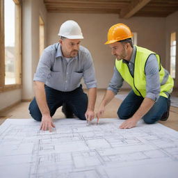 Create an intricate drawing of an interior architect discussing a floor design with a construction worker. Both should be deeply engaged in the discussion, with the architect holding plans and pointing out specific aspects to the worker.