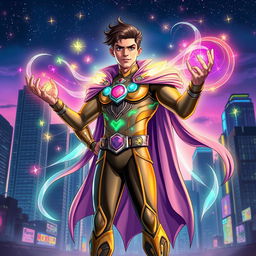 A magical superhero standing confidently in a vibrant cityscape, wearing a dazzling costume adorned with mystical symbols and flowing fabrics