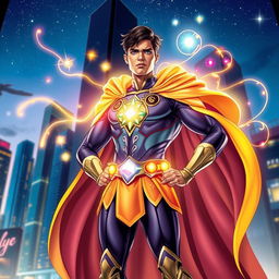 A magical superhero standing confidently in a vibrant cityscape, wearing a dazzling costume adorned with mystical symbols and flowing fabrics