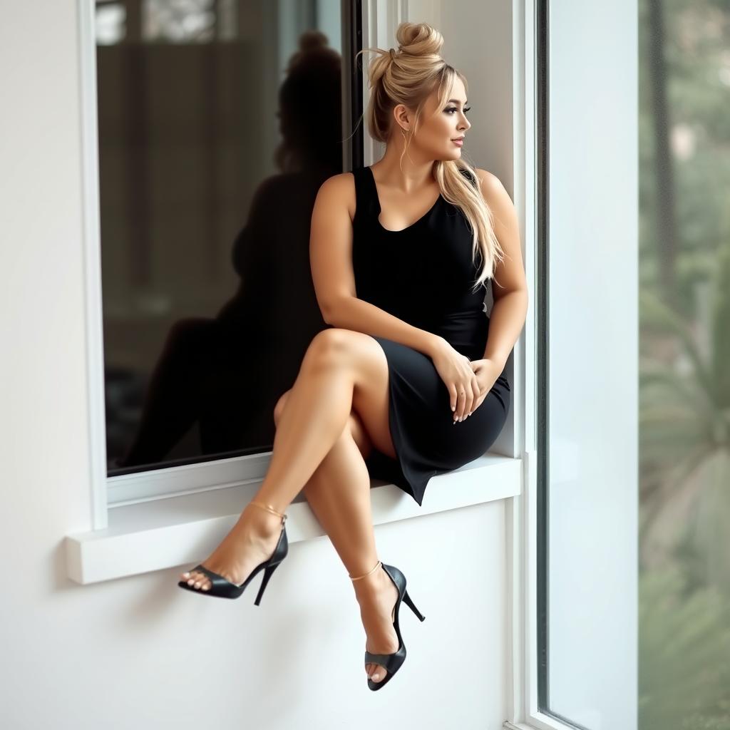 A curvy and chubby white woman with long blonde hair elegantly tied up in a bun, wearing a stylish black sleeveless dress that flatters her figure and elegant high heels