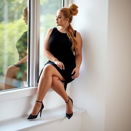 A curvy and chubby white woman with long blonde hair elegantly tied up in a bun, wearing a stylish black sleeveless dress that flatters her figure and elegant high heels