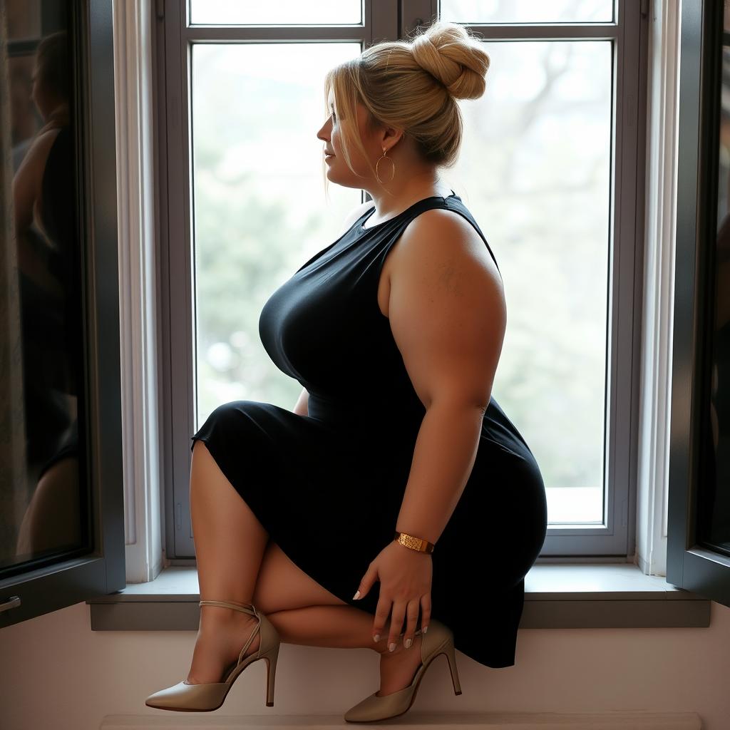 A curvy and chubby white woman with long blonde hair elegantly tied up in a bun, wearing a stylish black sleeveless dress that flatters her figure and elegant high heels