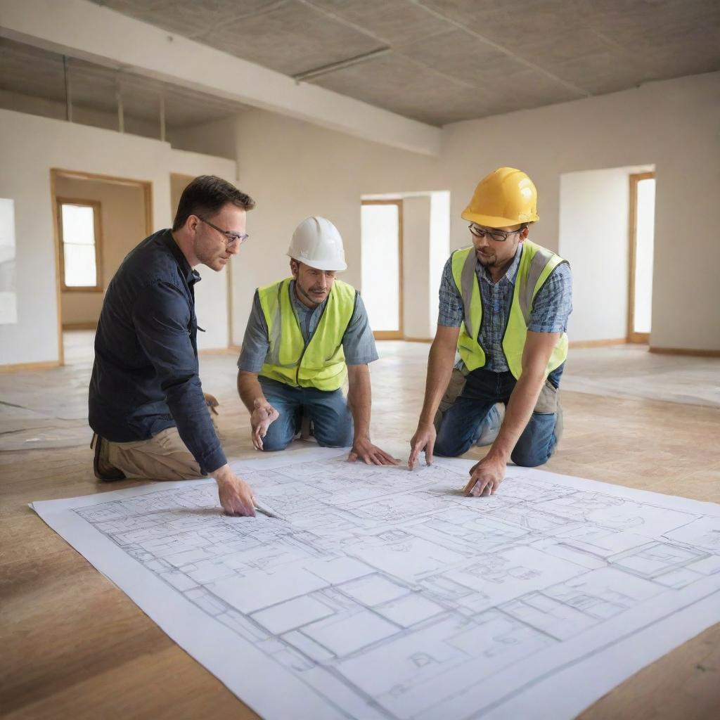 Create an intricate drawing of an interior architect discussing a floor design with a construction worker. Both should be deeply engaged in the discussion, with the architect holding plans and pointing out specific aspects to the worker.