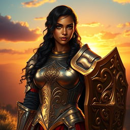 A young woman cleric of Lathander, portrayed in radiant full plate armor, standing with a shield held confidently at her side