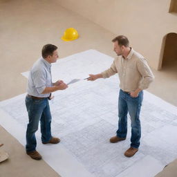 Create an intricate drawing of an interior architect discussing a floor design with a construction worker. Both should be deeply engaged in the discussion, with the architect holding plans and pointing out specific aspects to the worker.