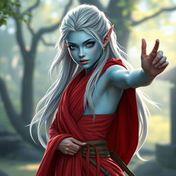 A young female elf monk, portrayed with enchanting light blue skin, standing gracefully in a dynamic pose