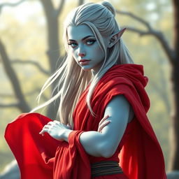 A young female elf monk, portrayed with enchanting light blue skin, standing gracefully in a dynamic pose