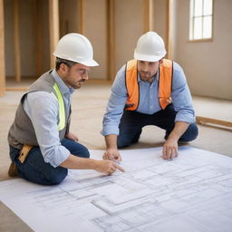 Create an intricate drawing of an interior architect discussing a floor design with a construction worker. Both should be deeply engaged in the discussion, with the architect holding plans and pointing out specific aspects to the worker.