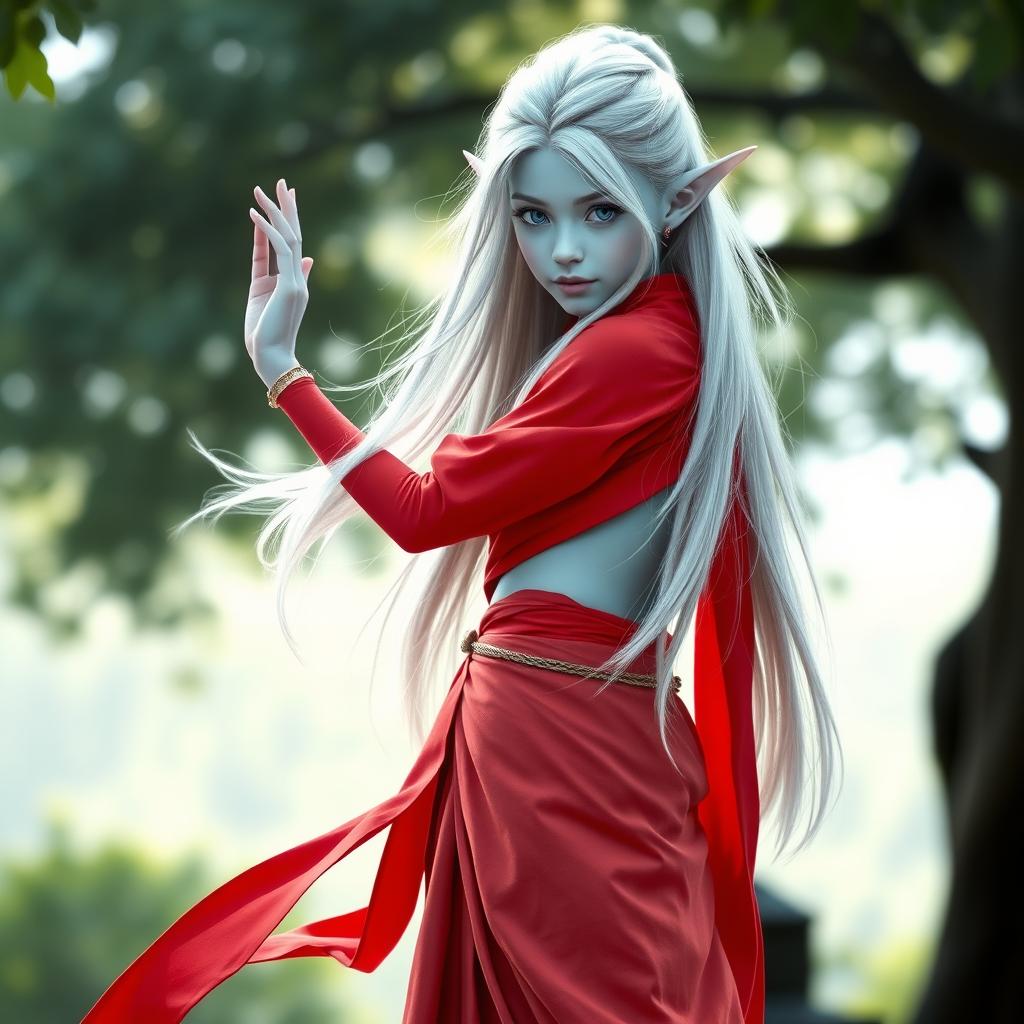 A young female elf monk, portrayed with enchanting light blue skin, standing gracefully in a dynamic pose