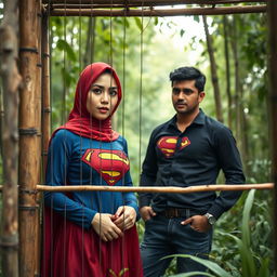 A beautiful Asian woman with fair skin, wearing a red hijab and a Superman outfit, is trapped in a bamboo cage in the middle of a lush forest